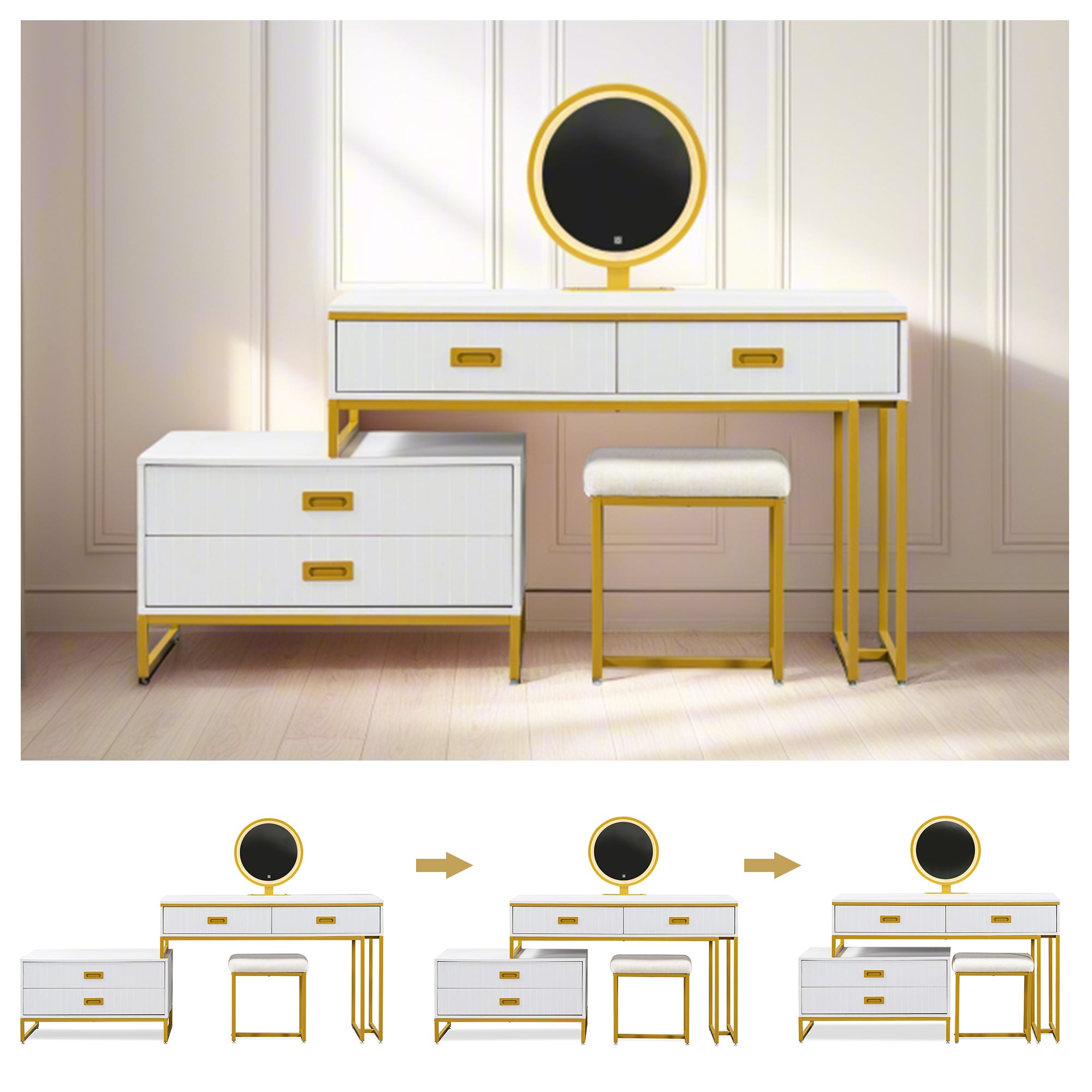 Modern Style Vanity Table With Movable Side Cabinet And 4-Drawers, Large Size Dressing Table With Mirror and 3-colors LED Light, Makeup Table With Stool, White, Golden Legs
