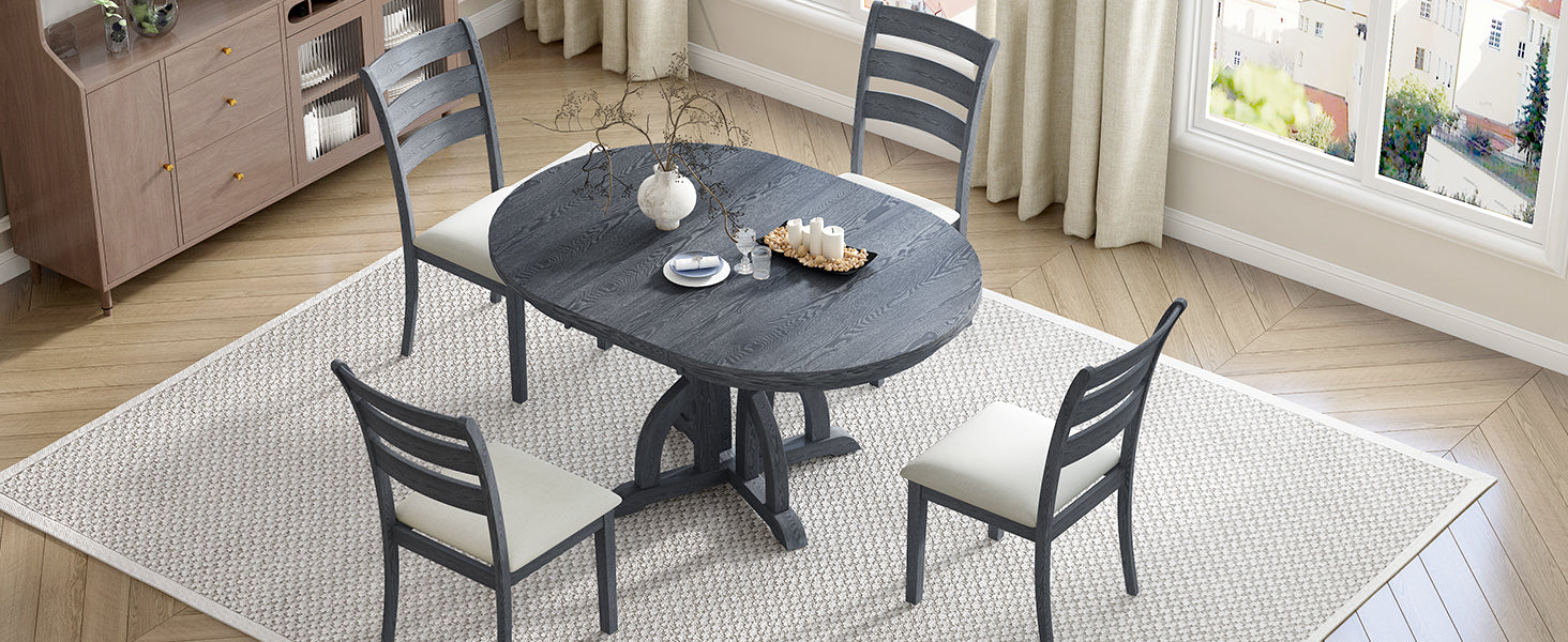 5-Piece Farmhouse Round Pedestal Extending Dining Table Set for 4