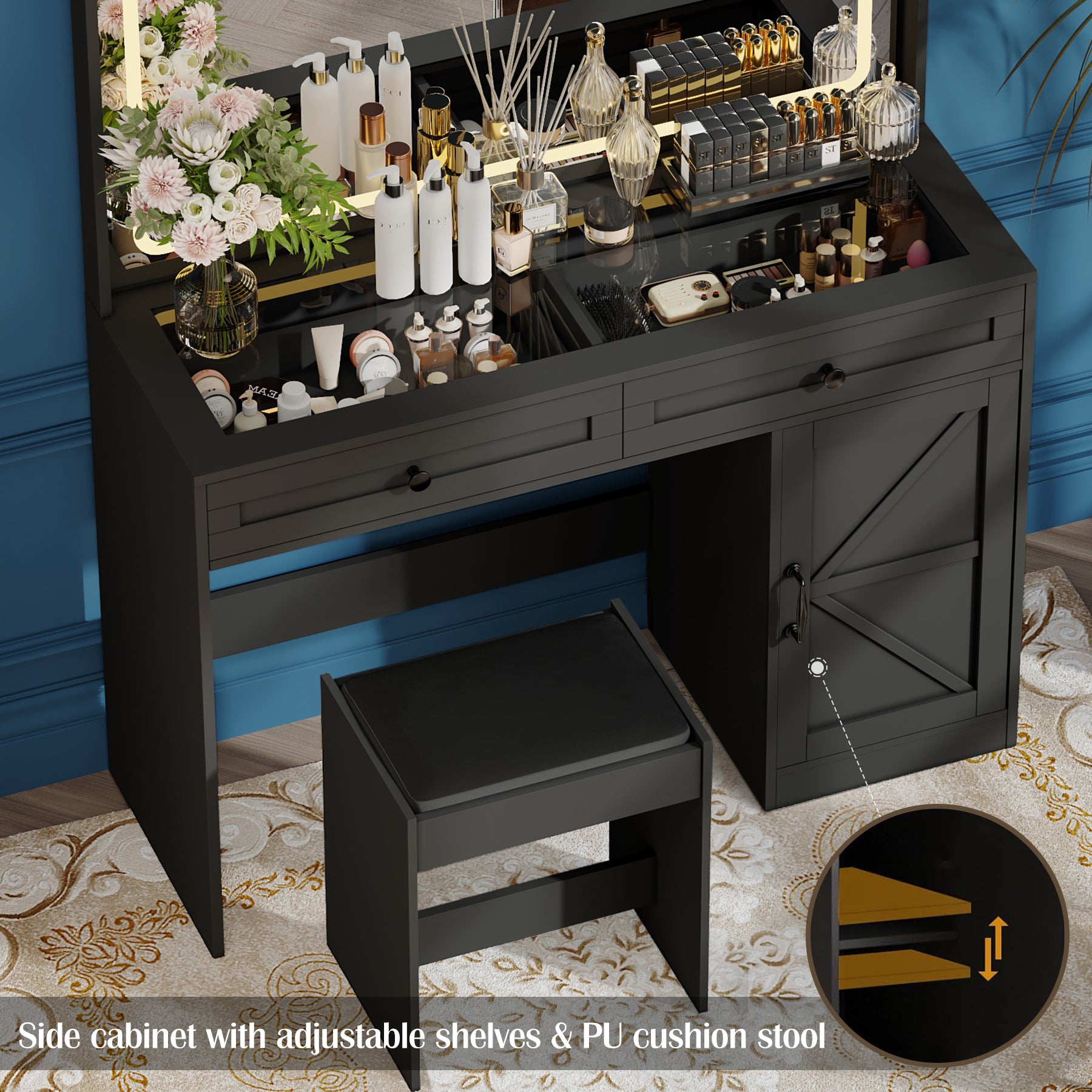43.3" Bathroom Vanity Hidden Extendable Makeup Table