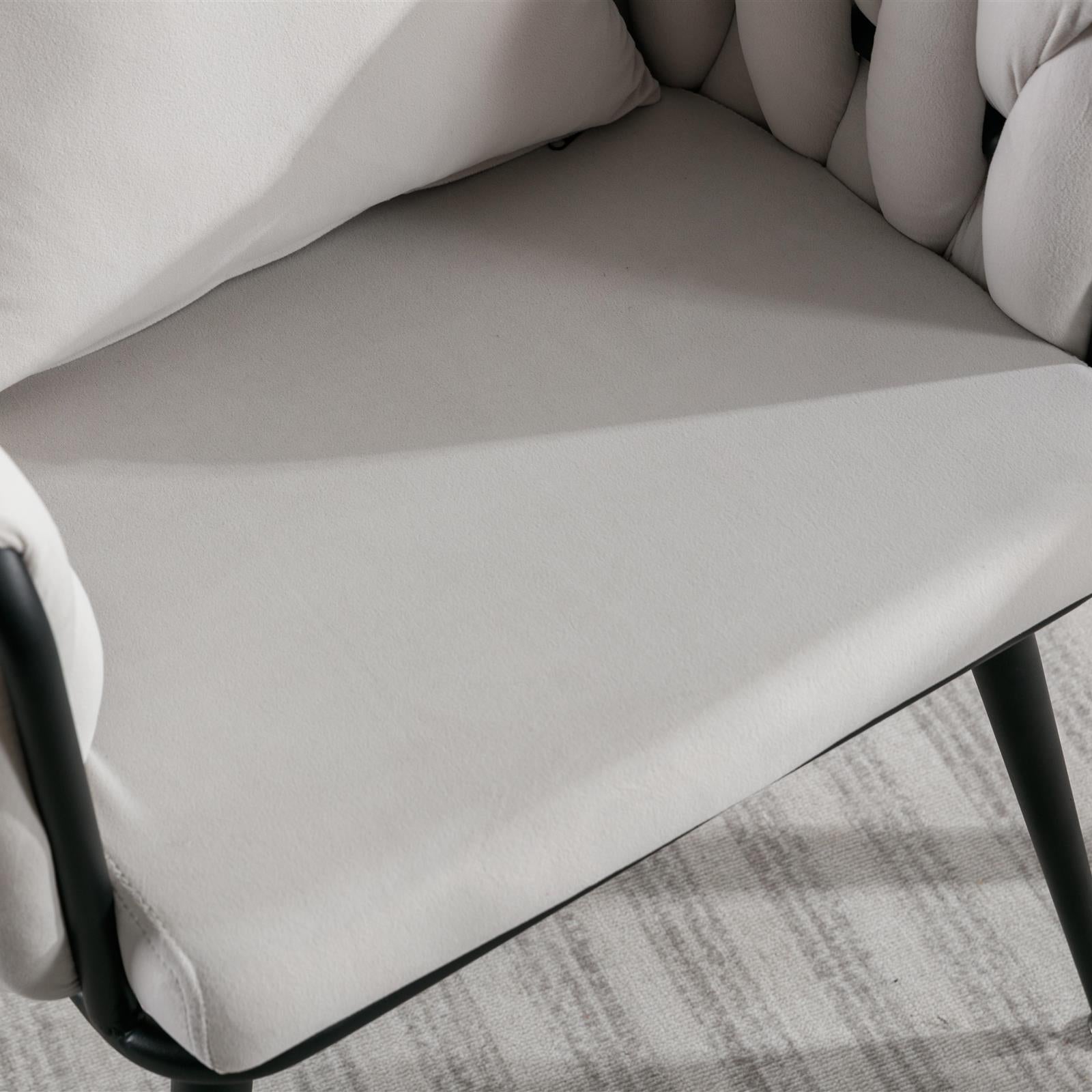 Pure Ivory Modern Velvet Dining Chairs Set of 2 Hand Weaving Accent Chairs Living Room Chairs Upholstered Side Chair with Black Metal Legs for Dining Room Kitchen Vanity Living Room