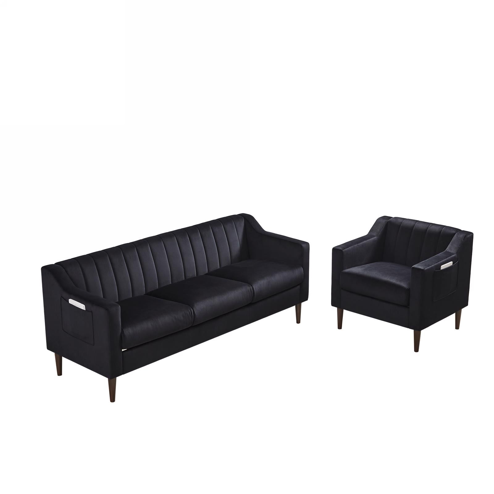 Modern Chesterfield Sofa, Comfortable Upholstered Sofa, Velvet Fabric, Wooden Frame with Wooden Legs, Suitable for Living Room/Bedroom/Office, 3 Seat Sofa - Black