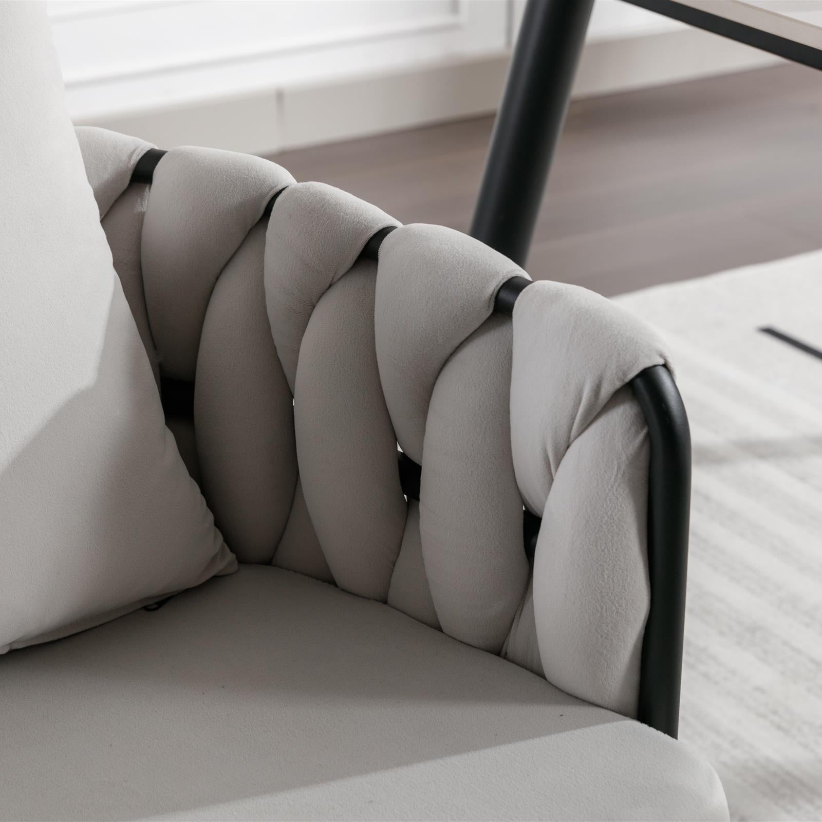 Pure Ivory Modern Velvet Dining Chairs Set of 2 Hand Weaving Accent Chairs Living Room Chairs Upholstered Side Chair with Black Metal Legs for Dining Room Kitchen Vanity Living Room