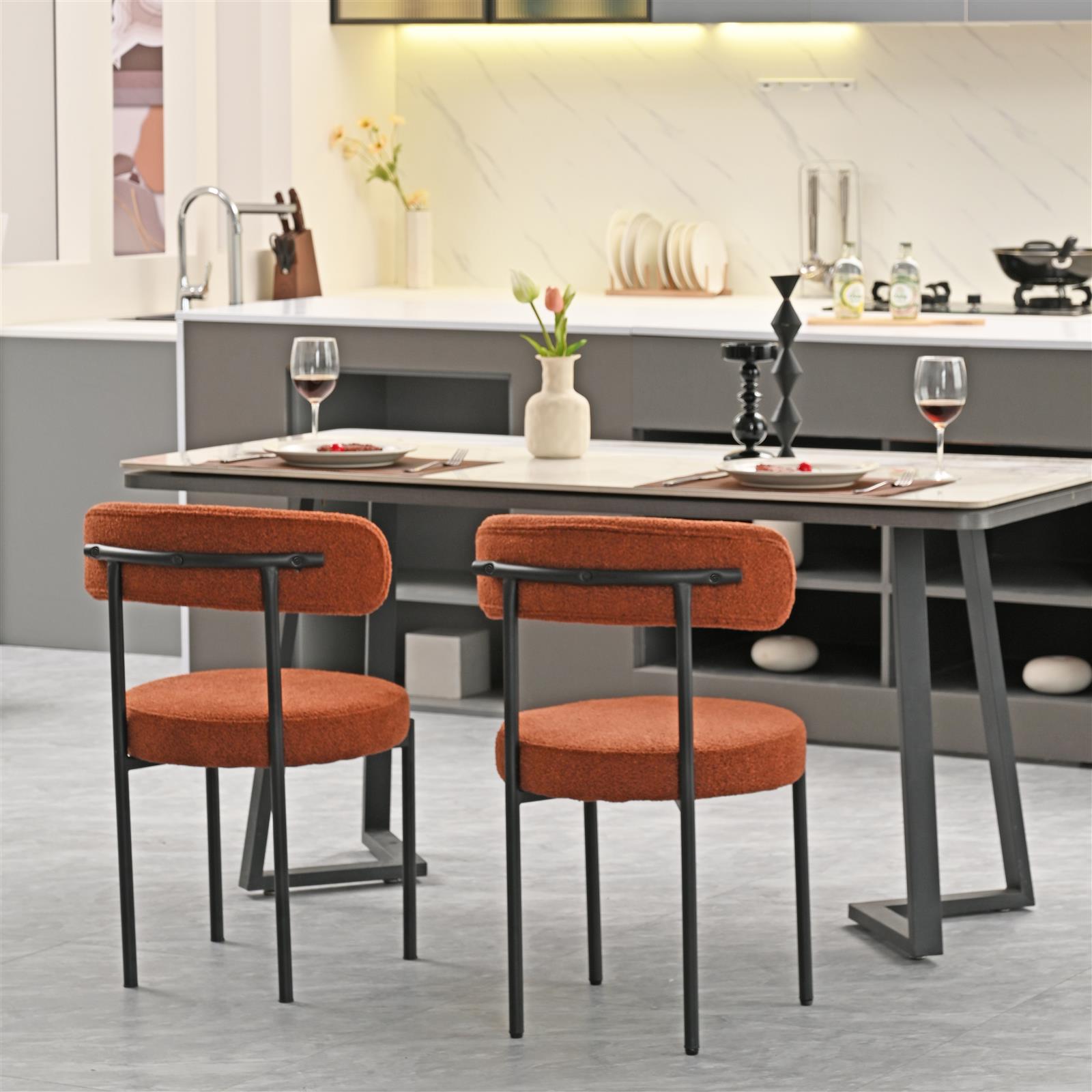 Set of 2 Brown Boucle Mid-Century Dining Chairs with Curved Backrest