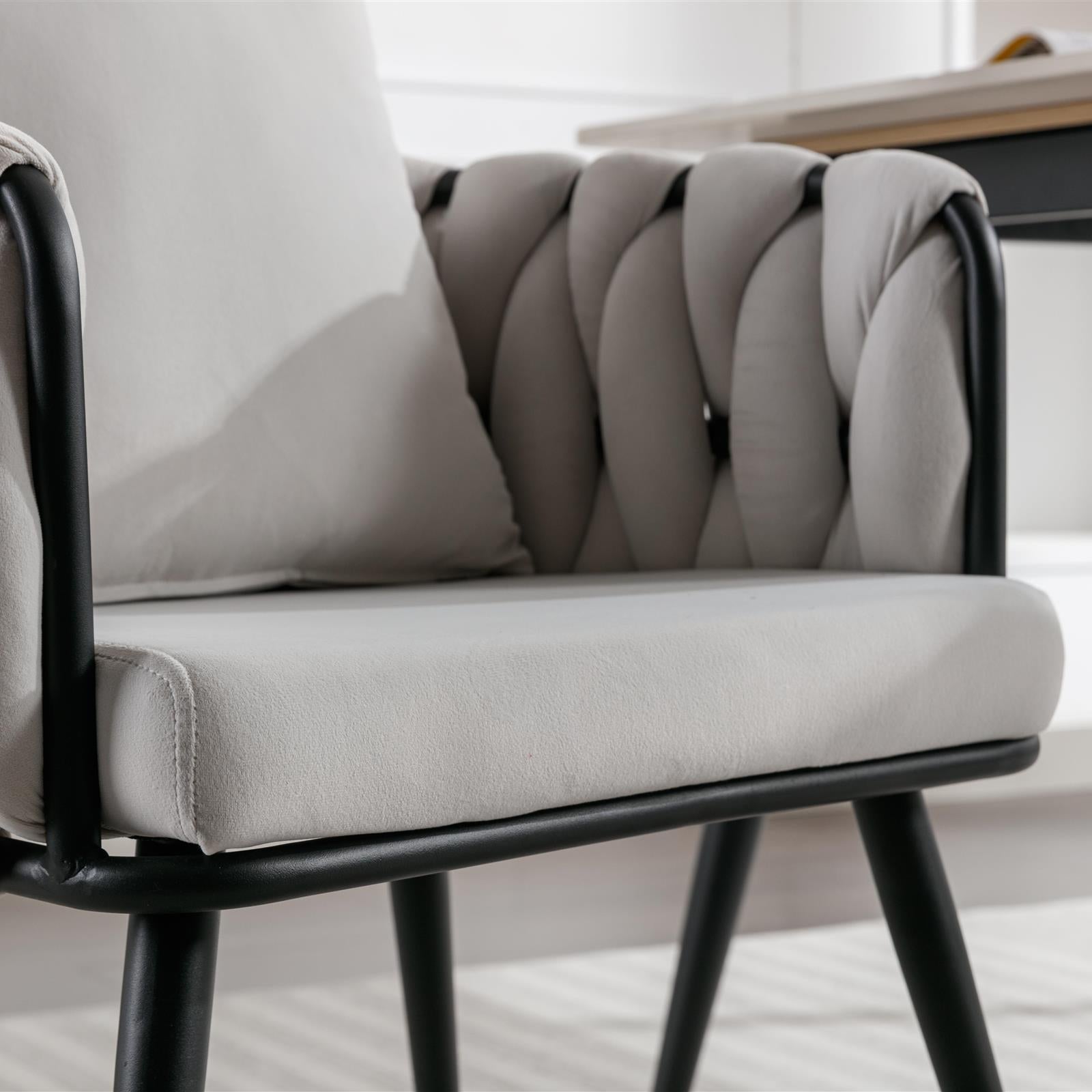 Pure Ivory Modern Velvet Dining Chairs Set of 2 Hand Weaving Accent Chairs Living Room Chairs Upholstered Side Chair with Black Metal Legs for Dining Room Kitchen Vanity Living Room