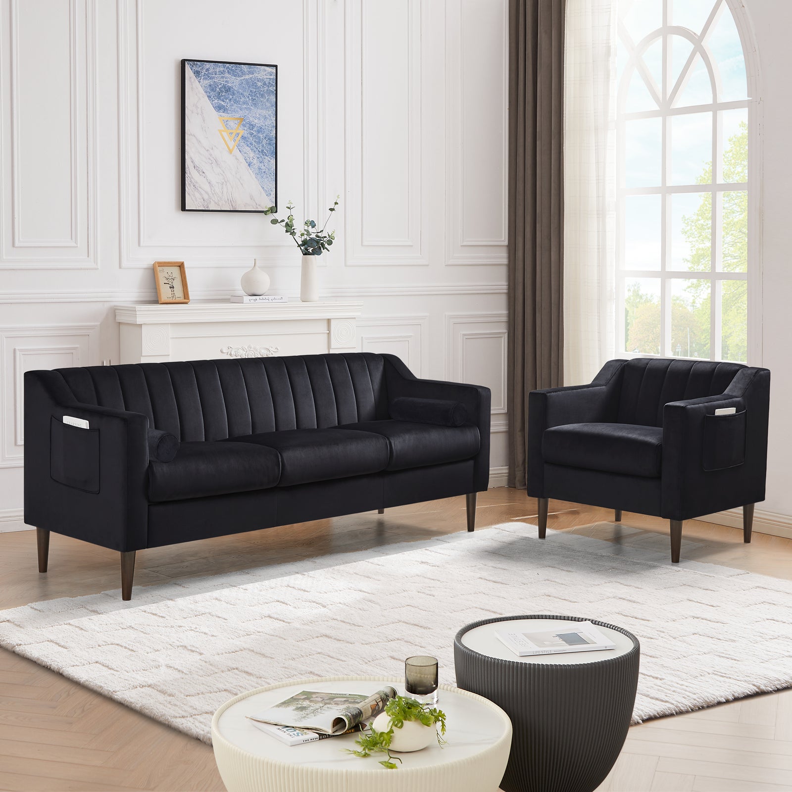 Modern Chesterfield Sofa, Comfortable Upholstered Sofa, Velvet Fabric, Wooden Frame with Wooden Legs, Suitable for Living Room/Bedroom/Office, 3 Seat Sofa - Black