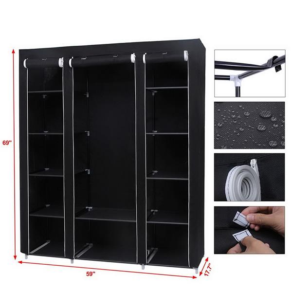 69" Portable Clothes Black Wardrobe