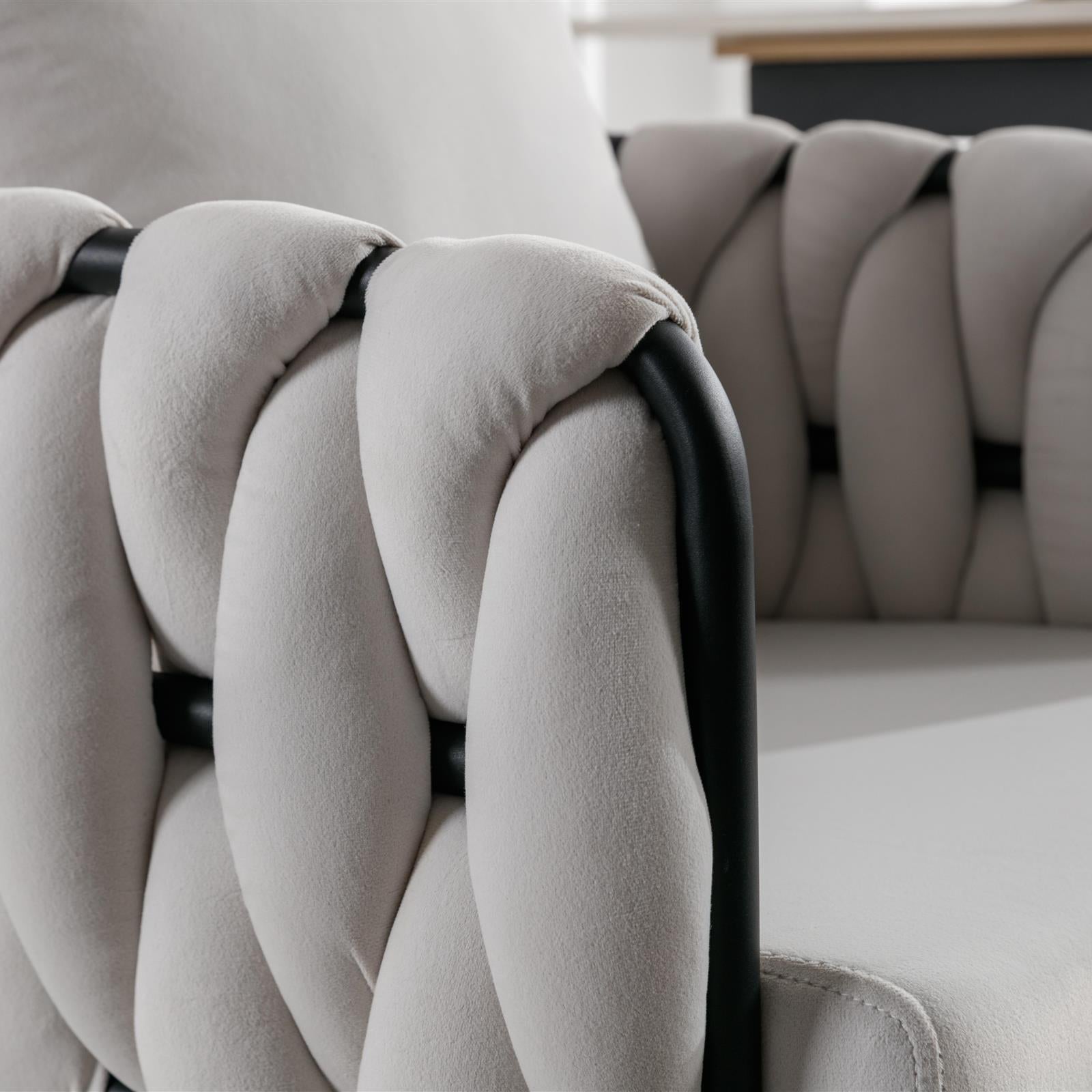 Pure Ivory Modern Velvet Dining Chairs Set of 2 Hand Weaving Accent Chairs Living Room Chairs Upholstered Side Chair with Black Metal Legs for Dining Room Kitchen Vanity Living Room